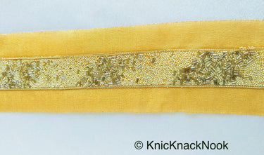 Beige Fabric Trim With Off White Seed Beads And Grey Bugle Beads Embellishments, Beaded Trim, Approx. 62mm